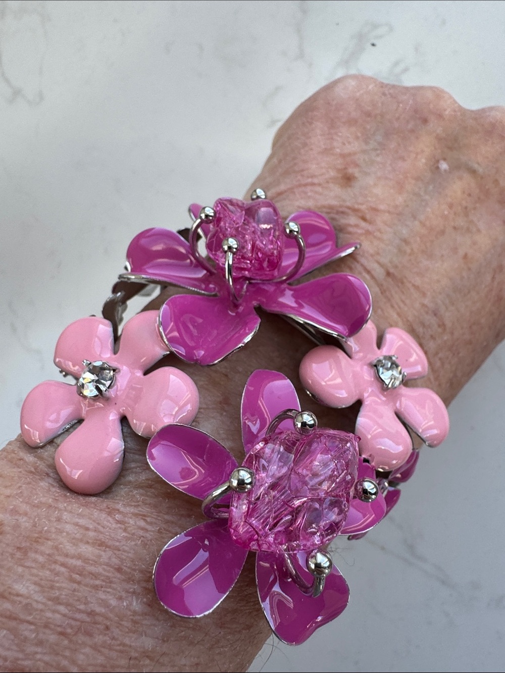 Vtg Y2K Enamel Flower Cuff Bracelet Rhinestone Statement Jewelry Coquette Boho